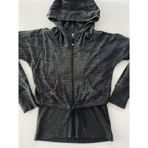 ~ Athleta Sm Zip Jacket Hood Layered Gray Grey Black Pockets Stretchy Athleisure